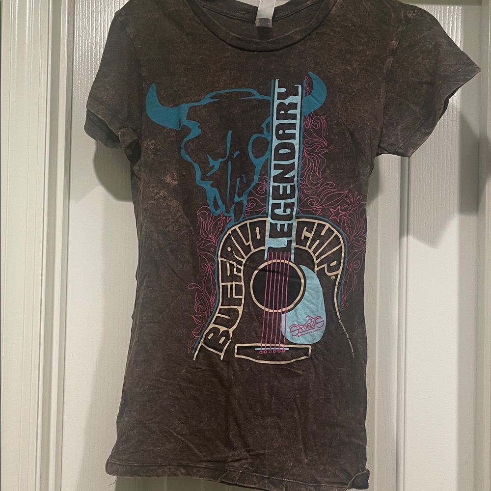 Brown Graphic T-Shirt with Blue and Pink Design